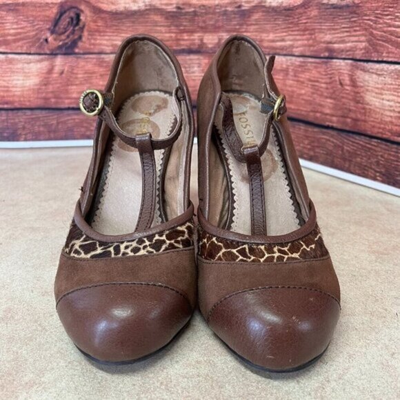 Fossil Giraffe Print Suede Faux Fur T-Strap Heels - Picture 2 of 16